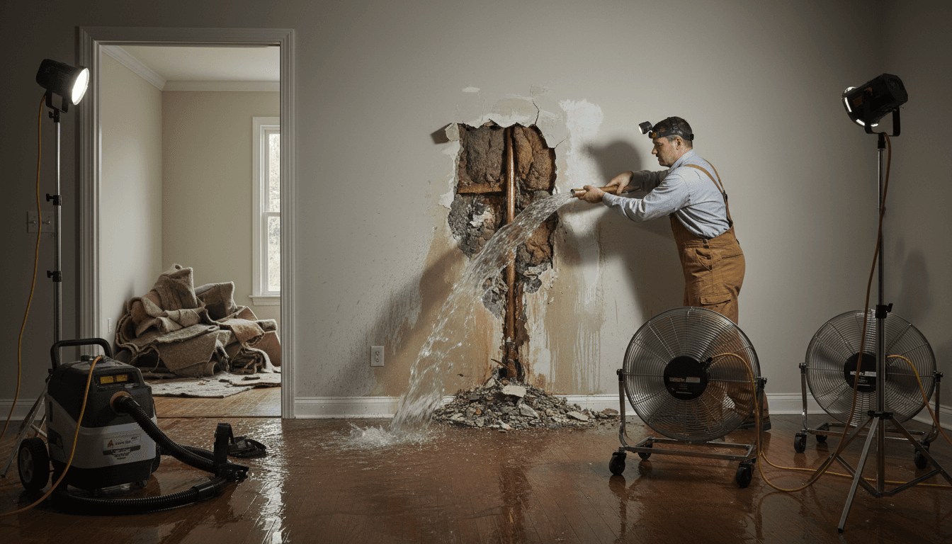 Burst pipe water damage in a Houston home with water being extracted
