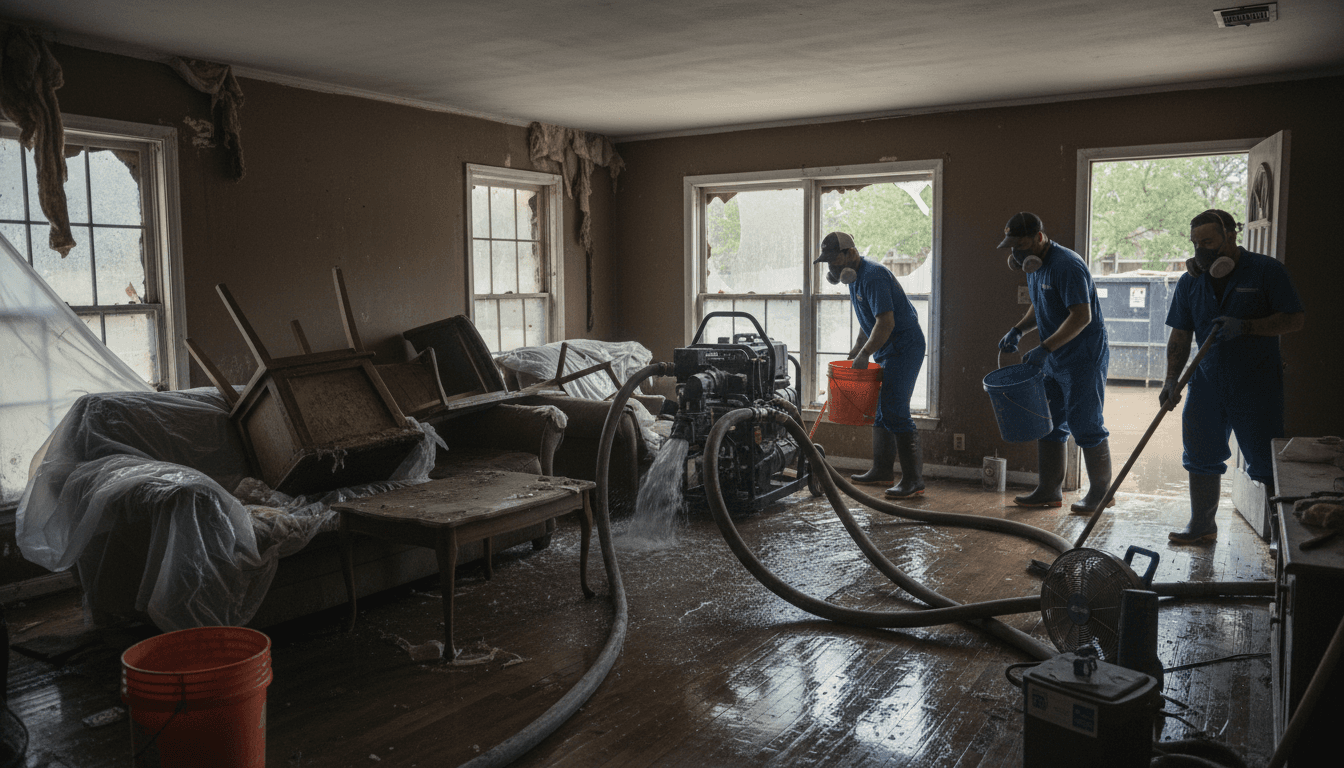 Flood cleanup crew removing standing water from a Houston neighborhood