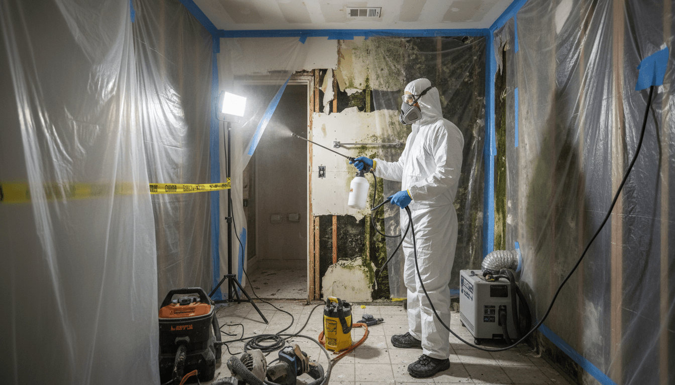 Mold remediation technician in protective gear treating a Houston home