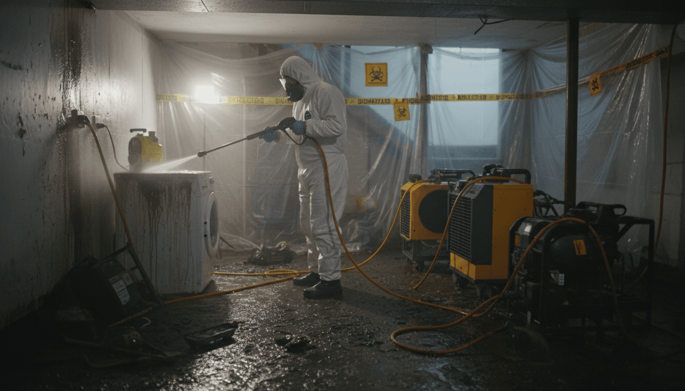Sewage cleanup crew in protective gear disinfecting a Houston property