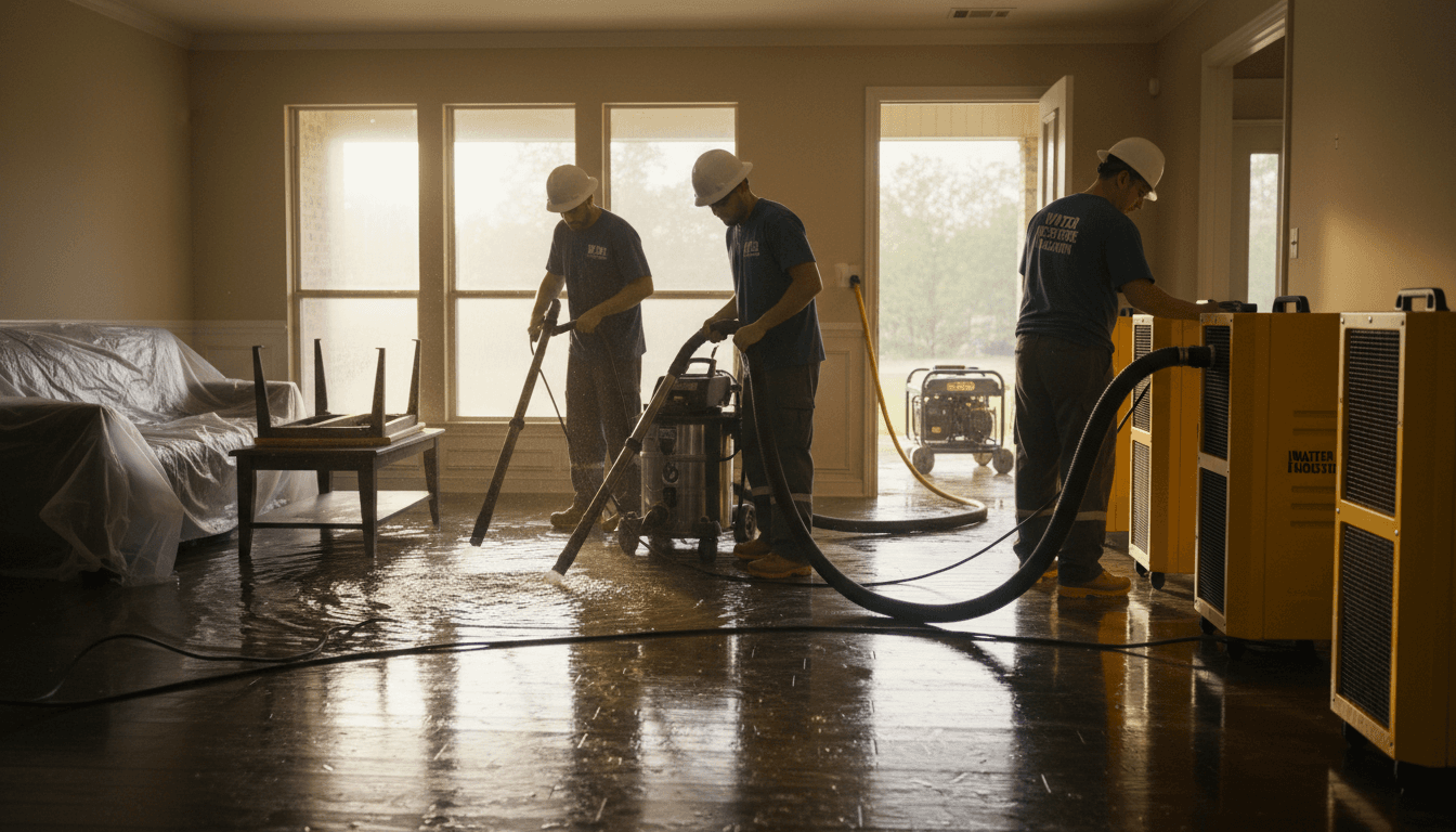 Water damage restoration team extracting water from a Houston home