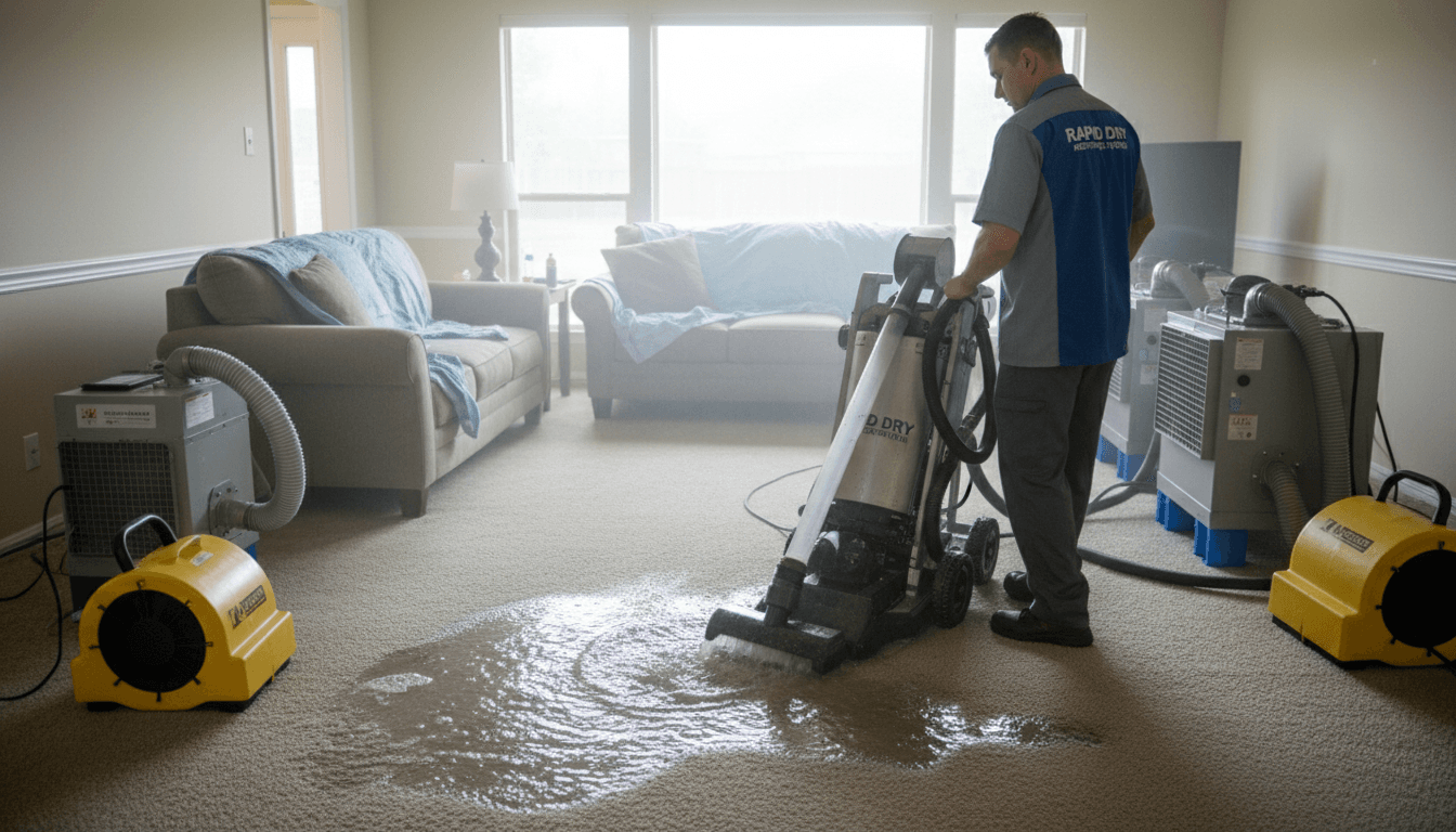 Water damage restoration technician extracting water from a Houston home